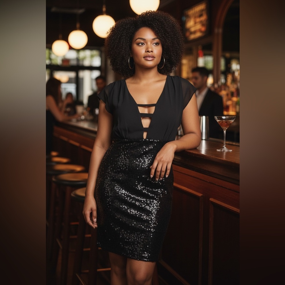 Katia 2XL Black Sequin Dress Cocktail Sexy Short After 8 LBD Versatile NWOT